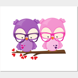 Valentine's Day Owls, Pink Owl, Purple Owl, Hearts Posters and Art